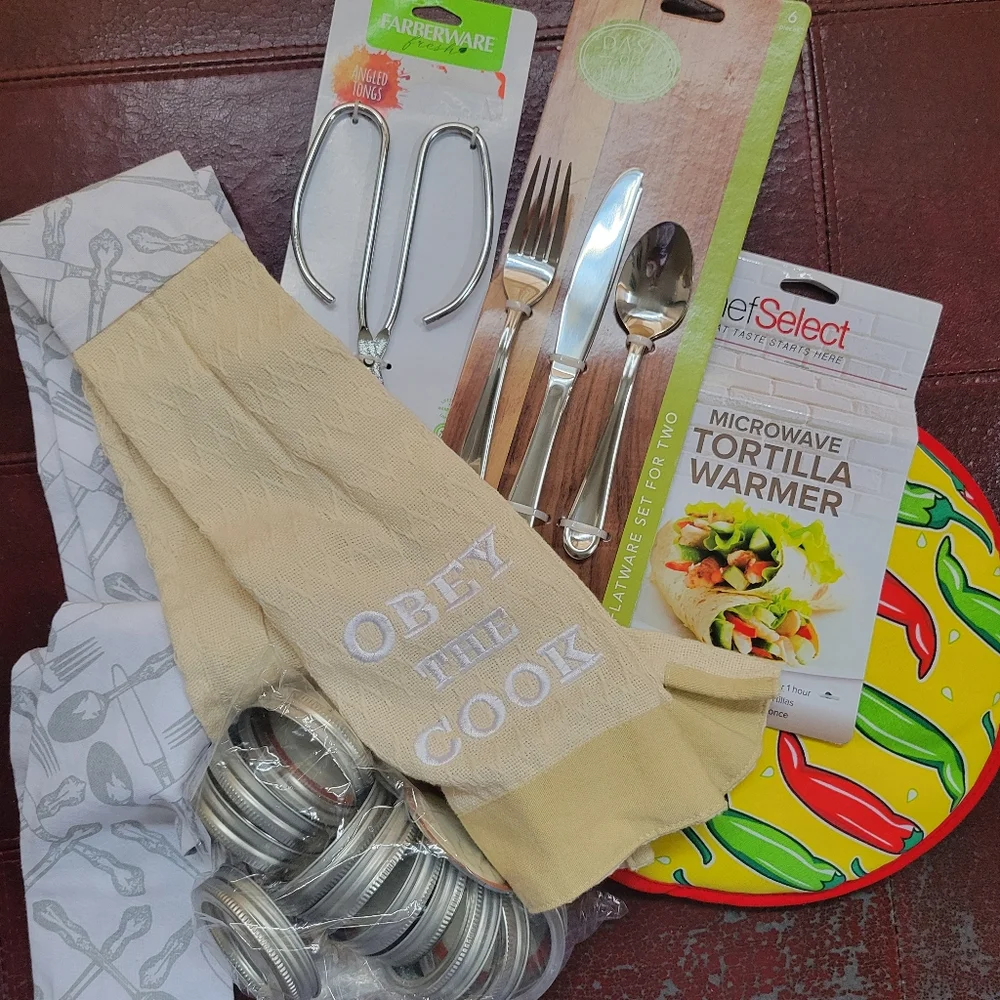 Kitchen Bundle ~ Flatware & Tongs Tortilla Warmer ~ NWT ~ Chef's Boa Towel